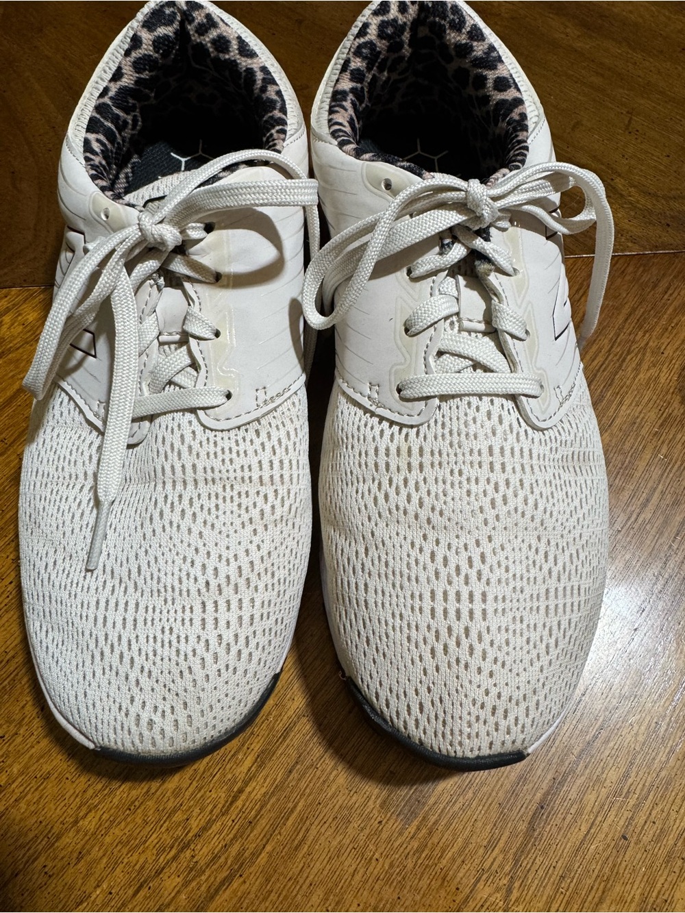 New Balance Cream Knit Lace-Up Golf Shoe with Leopard-Print Lining